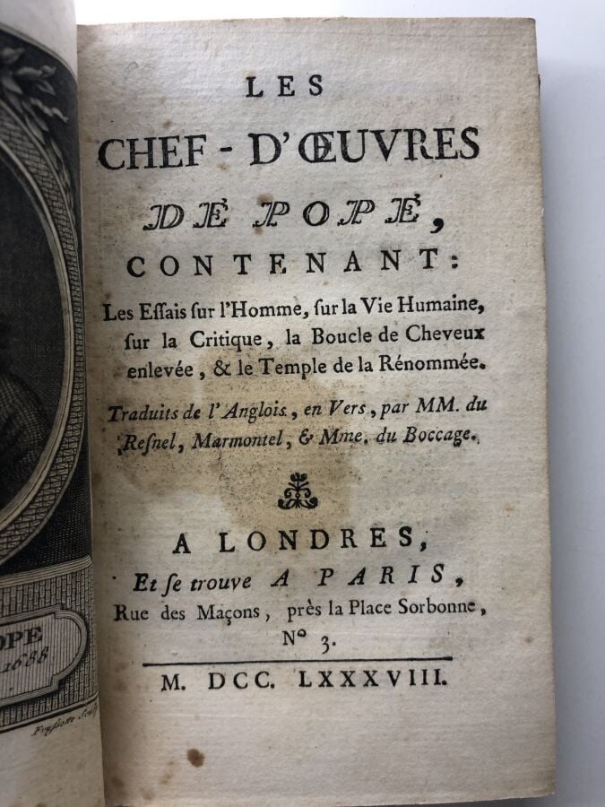 POPE (Alexander). - Les chef-d'oeuvres de Pope. Edité à Londres sans mention d'…
