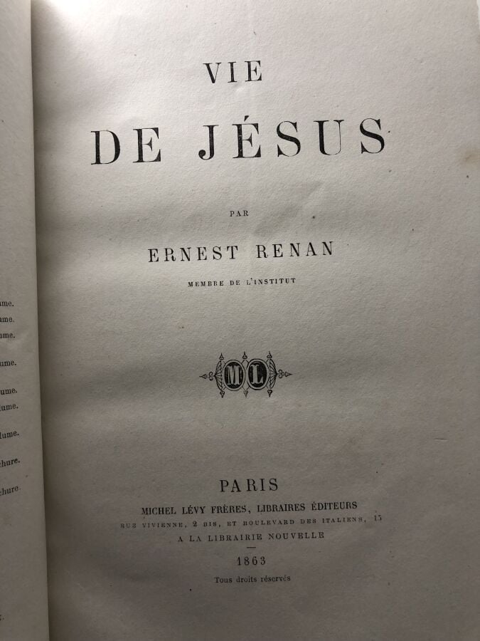 RENAN (Ernest). - Vie de Jésus. Edité à Paris chez Michel Lévy frères en 1863.…