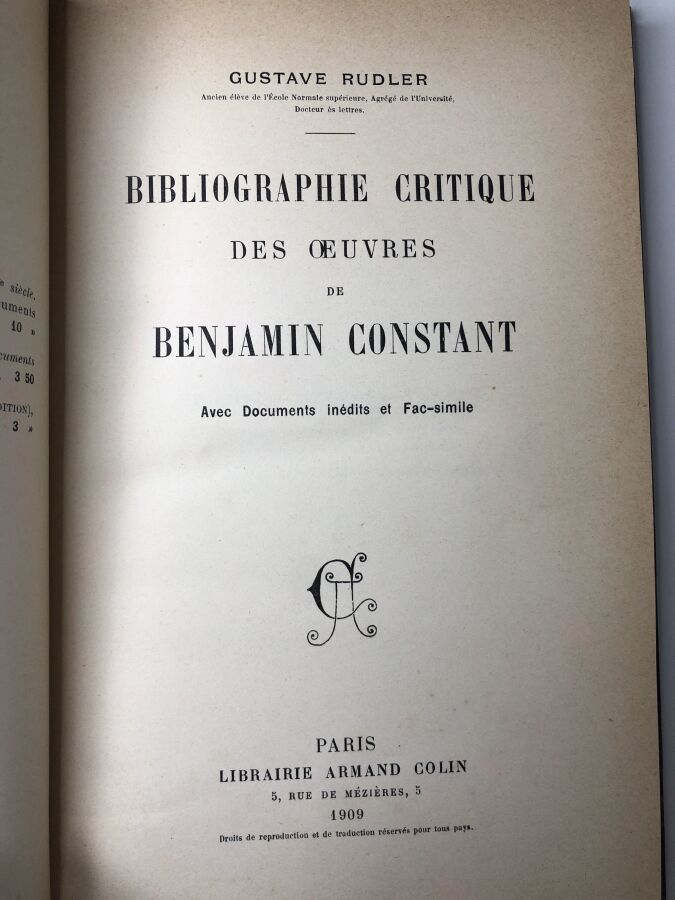 RUDLER (Gustave) - Bibliographie critique des oeuvres de Benjamin Constant avec…