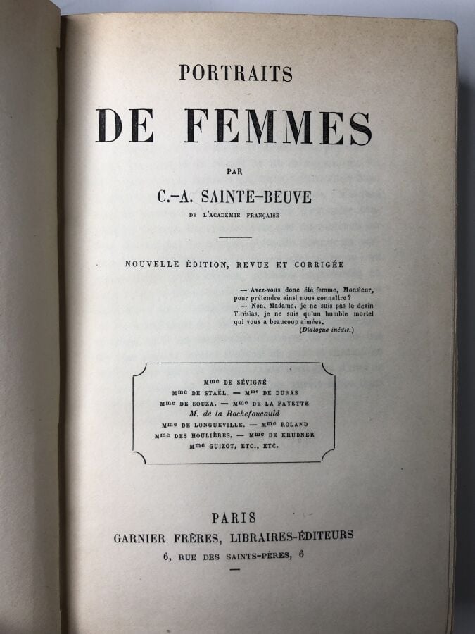 SAINTE-BEUVE (Charles-Augustin) - Portraits de Femmes. Edité à Paris chez Garni…