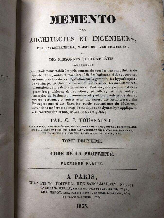 TOUSSAINT C.J. - Memento des architectes et ingénieurs, des entrepreneurs, tois…