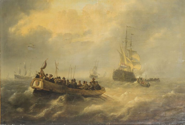 Attribue à Louis II VERBOECKHOVEN (1827-1884) - Chaloupe rejoignant un navire -…