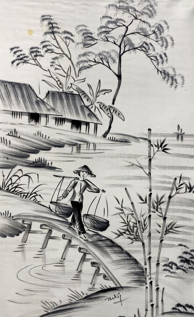 BEKY (1938) - Ensemble de six encres sur soie représentant des paysans, fumeurs…