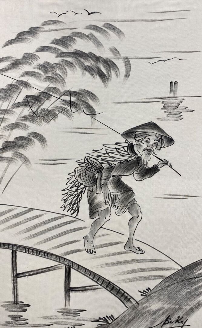 BEKY (1938) - Ensemble de six encres sur soie représentant des paysans, fumeurs…