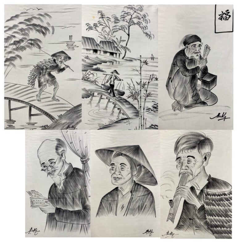 BEKY (1938) - Ensemble de six encres sur soie représentant des paysans, fumeurs…