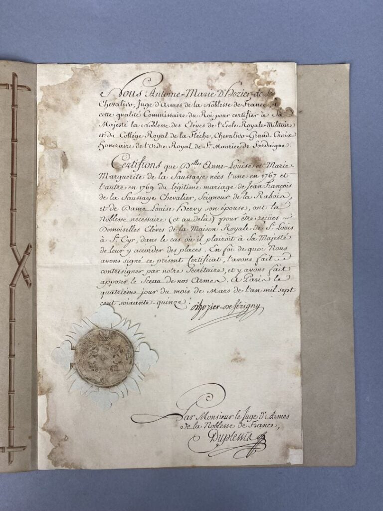 Certificat de noblesse signé d'HOZIER de SERIGNY et DUPLESSIS, pour Mesdemoisel…
