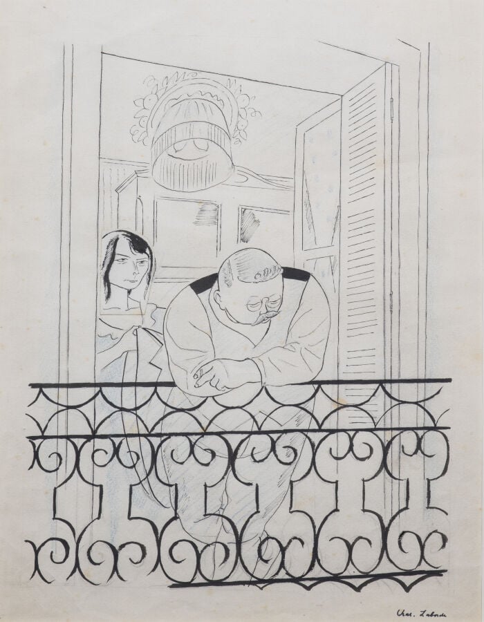 Chas LABORDE (1886-1941) - Le Balcon - Pierre noire et encre sur papier, cachet…