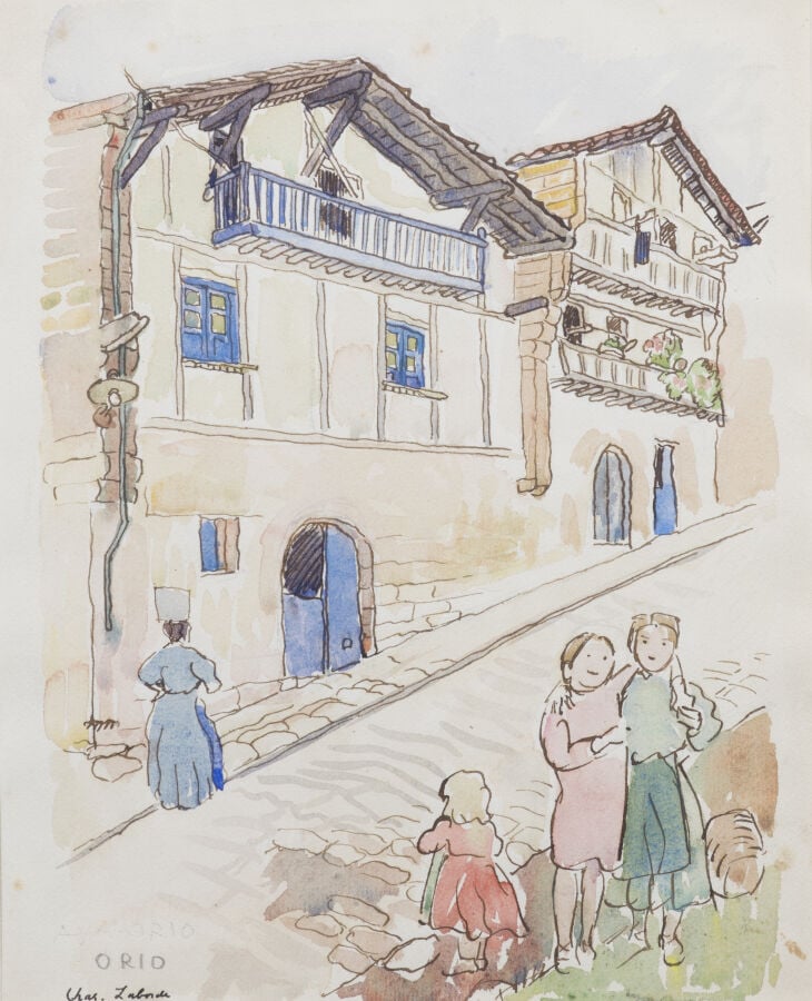 Chas LABORDE (1886-1941) - Ruelle à Orio (Pays basque) - Aquarelle sur papier,…