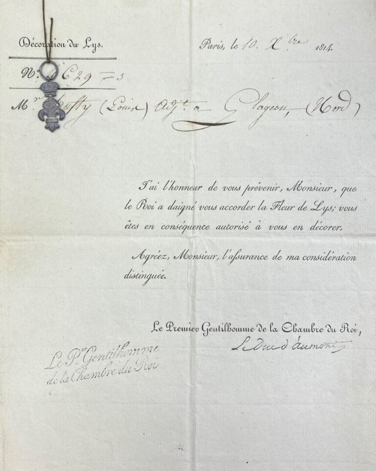 [DECORATION de LA FLEUR de LYS] - Pièce manuscrite in 4°, datée du 10 décembre…