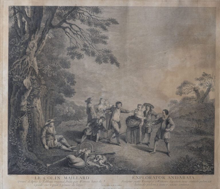 Deux gravures en noir d'après WATTEAU. La musette et Le Colin Maillard