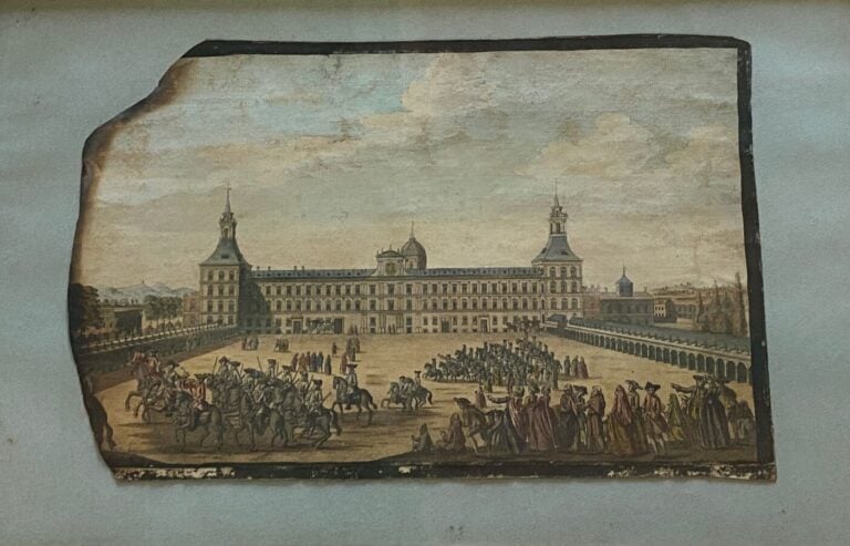 Deux vues d'optique représentant l'Escurial et Whitehall. - Fragment (manques).…
