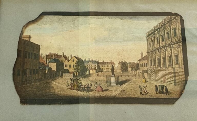 Deux vues d'optique représentant l'Escurial et Whitehall. - Fragment (manques).…