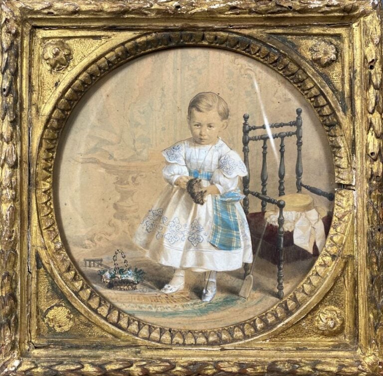 Ecole de la fin du XIXe siècle - Enfant jouant dans un intérieur - Aquarelle su…
