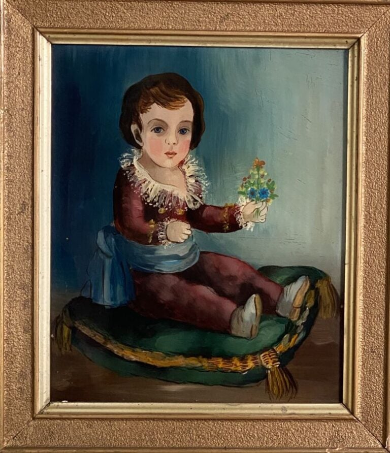 Ecole de la fin du XIXe siècle. - « Jeune garçon assis tenant un bouquet de fle…