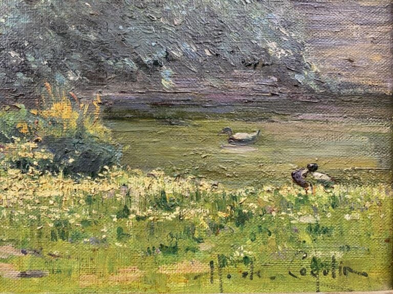 Ecole du début du XXe siècle - Maison de campagne avec mare aux canards - Huile…