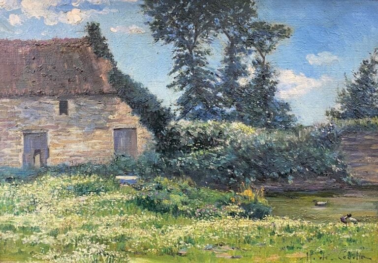 Ecole du début du XXe siècle - Maison de campagne avec mare aux canards - Huile…