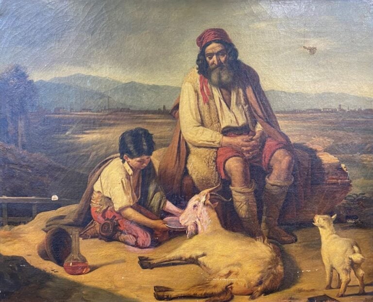 Ecole du XIXe siècle - Berger et enfant nourrisant une chèvre - Huile sur toile…
