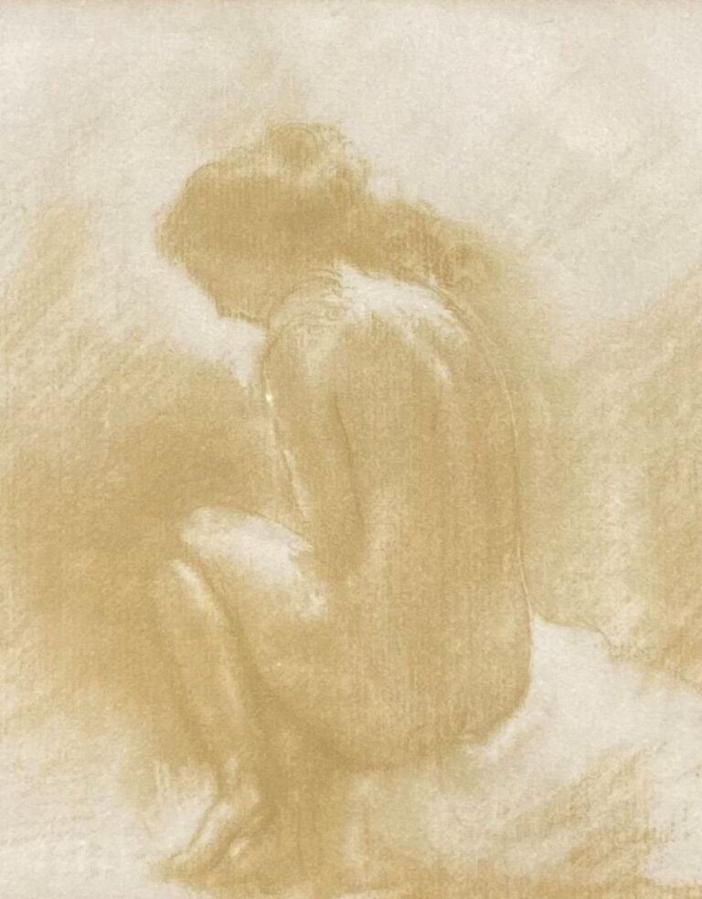 Ecole du XXe siècle - Dessin à la sanguine représentant une jeune femme nue ass…