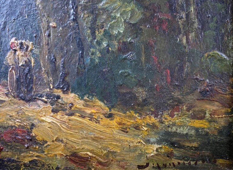 Ecole du XXe siècle - Personnages dans un sous-bois - Huile sur panneau - 28 x…