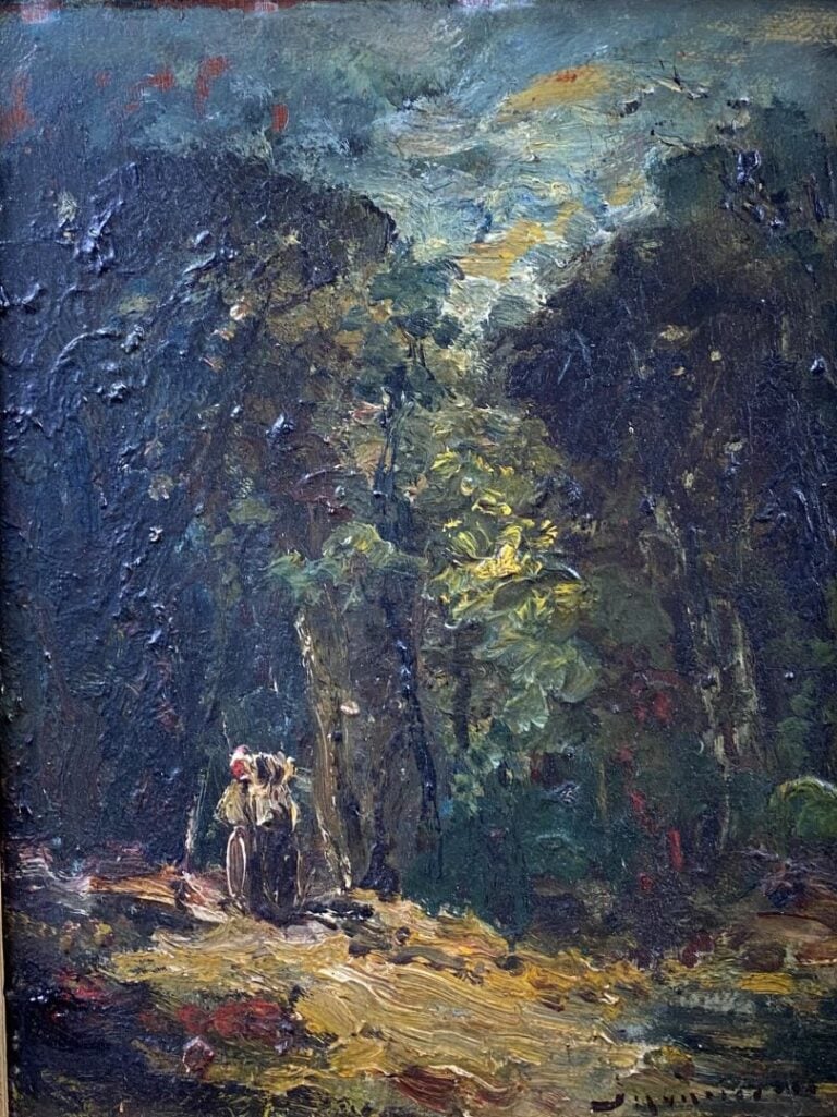 Ecole du XXe siècle - Personnages dans un sous-bois - Huile sur panneau - 28 x…