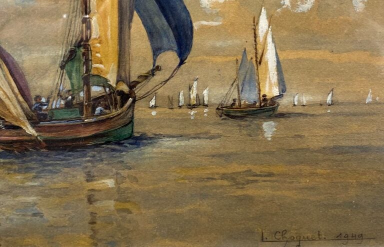 Ecole du XXe siècle - Voiliers sur la mer - Aquarelle et rehauts de blanc - Sig…