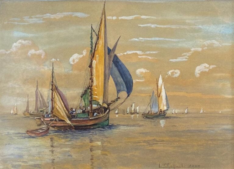 Ecole du XXe siècle - Voiliers sur la mer - Aquarelle et rehauts de blanc - Sig…