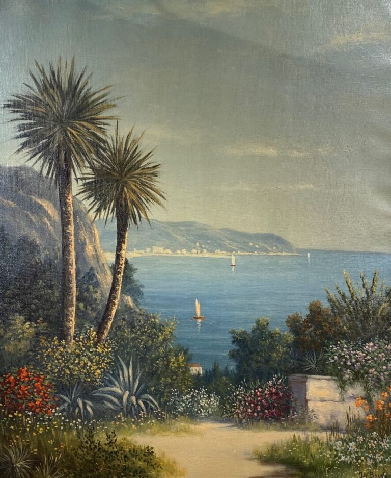 Ecole du XXe siècle - Vue de Menton (?) - Huile sur toile - Signée en bas à dro…