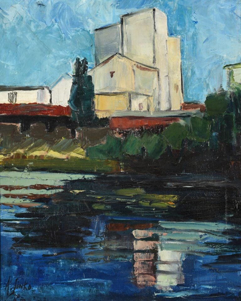 Ecole du XXe siècle - Vue de ville - Huile sur toile - Signée en bas à gauche F…