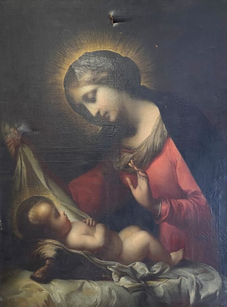 Ecole fin du XIXe-début du XXe siècle - Vierge à l'enfant - Huile sur toile - 9…