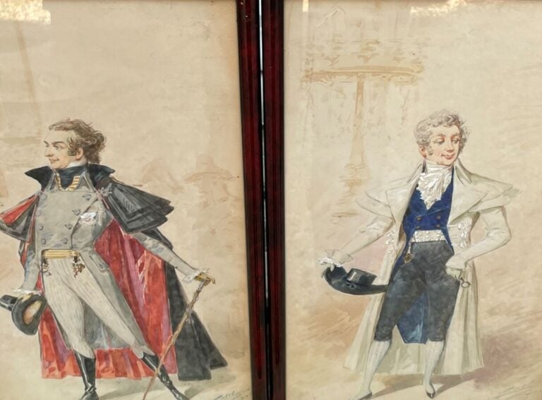 Ecole Française. 2 dessins encadrés. Aquarelle et gouache représentant des acte…