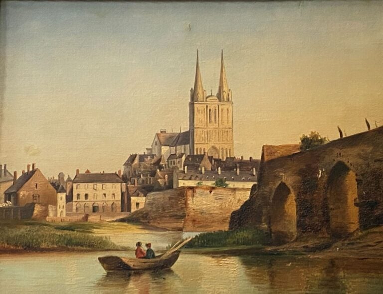 Ecole française du XIXe siècle. - Bord de rivière auprès d'une grande église. -…