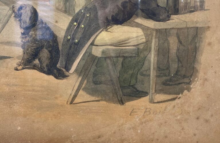 Ecole française du XIXe siècle - Militaire dans une taverne - Encre et aquarell…