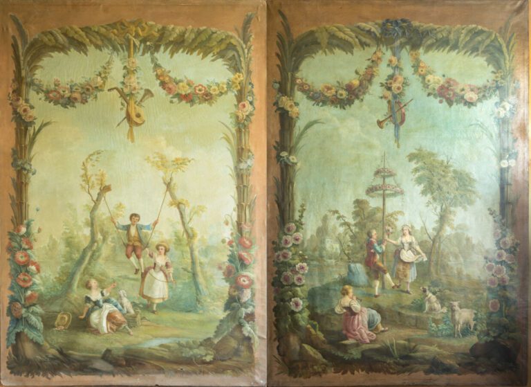 Ecole Française du XIXème siècle - Deux grandes toiles peintes à l'Huile à déco…
