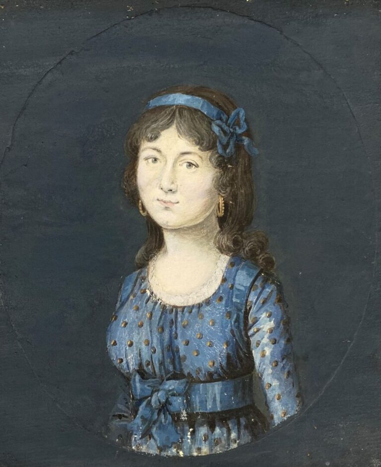 Ecole française vers 1830 - Jeune fille au ruban - Technique mixte sur papier -…
