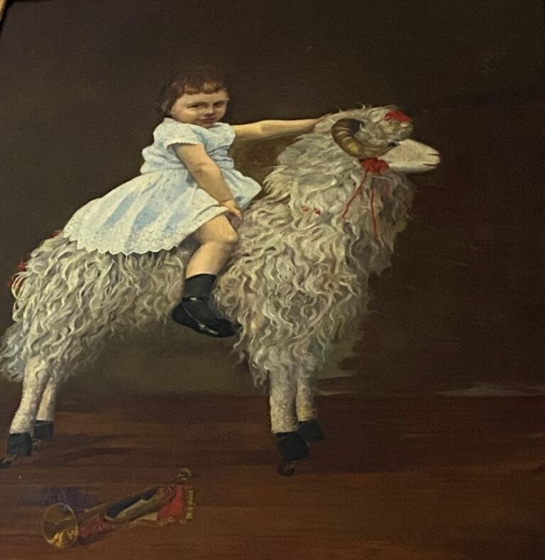 Ecole Française XIXème. Ponsart Gault ?. Jeune fille sur bélier à roulettes. Hu…