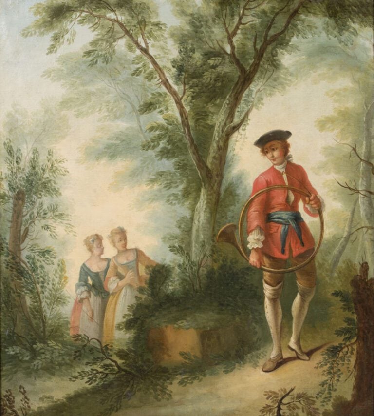 Ecole Française XVIIIème - Scène champêtre avec deux élégantes près d'un cor de…