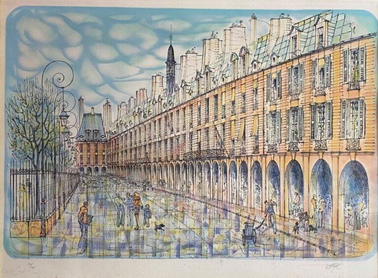 Ecole moderne. - « La place des Vosges » - Lithographie en couleur numérotée 16…