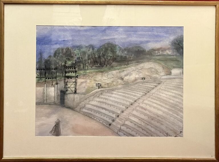 École moderne - La scène en plein air avant le spectacle - Aquarelle sur traits…