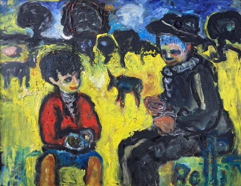 Ecole moderne - Personnages - Huile sur carton - Signé en bas à droite - 98 x 6…