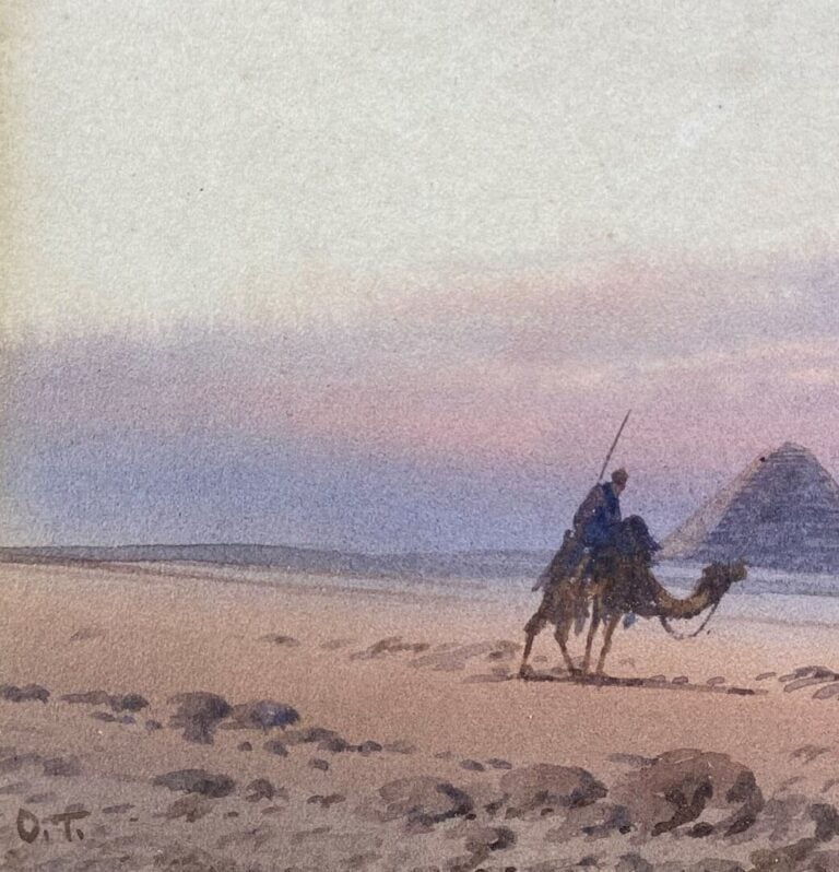 Ecole orientaliste - Crépuscule à Giza - Aquarelle sur papier - Monogrammé en b…