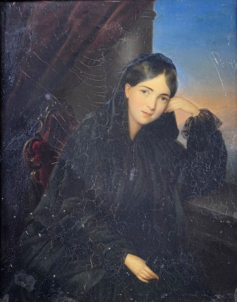Ecole romantique du XIXe siècle - Portrait de jeune femme pensive - Huile sur c…