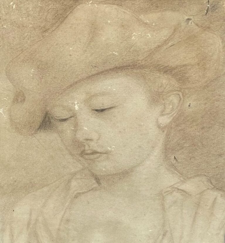 Ecole vers 1900. Jeune homme au béret. Dessin à la mine déchirure - 48 x 39 cm…