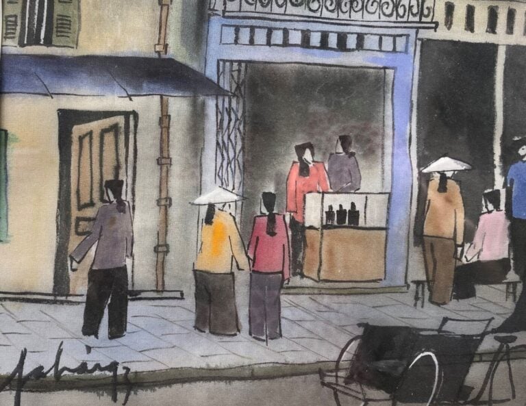 Ecole vietnamienne - Scène de rue animée - Aquarelle sur soie - Signé en bas à…
