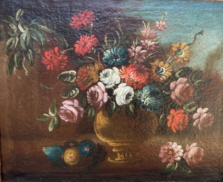 Ecole XIXème. Paire de vases sur entablement. Huile sur Toile - 56 x 67 cm