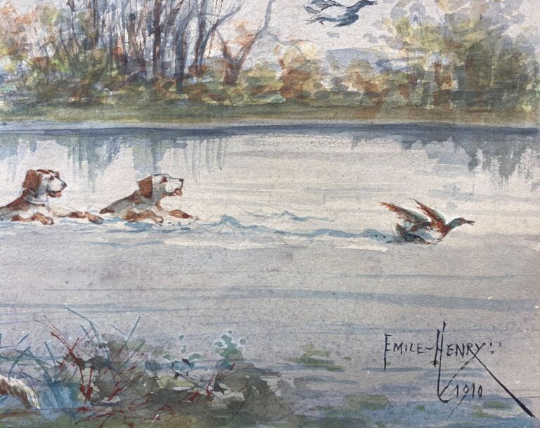 Émile HENRY (1842-1920) - Scène de chasse - Aquarelle sur papier - Signé et dat…