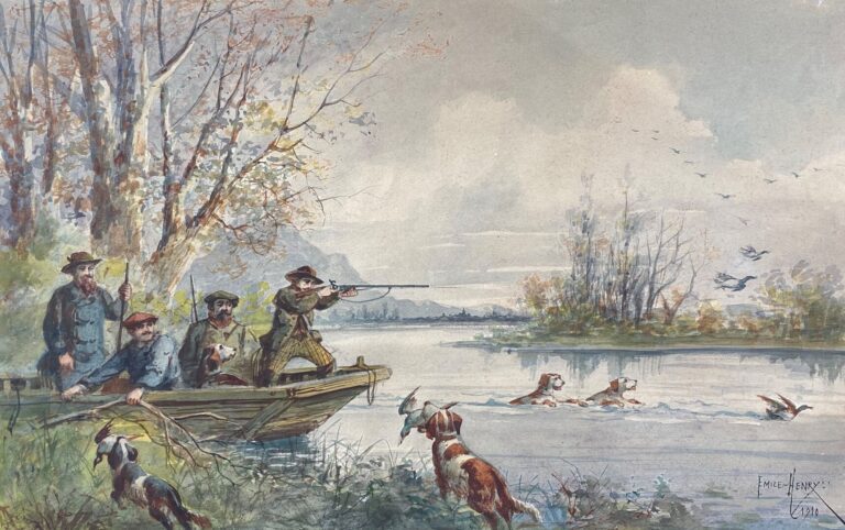 Émile HENRY (1842-1920) - Scène de chasse - Aquarelle sur papier - Signé et dat…
