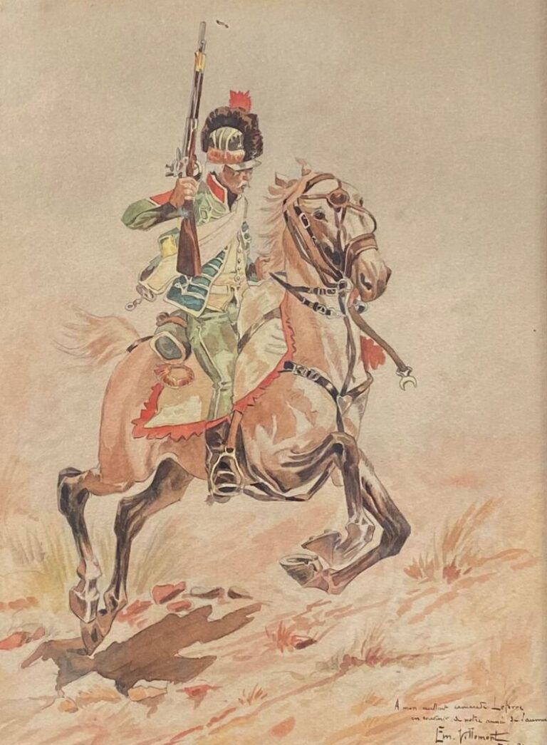 Emile VILLEMONT (XIXe-XXe) - Chasseur à cheval - Crayon et aquarelle sur papier…