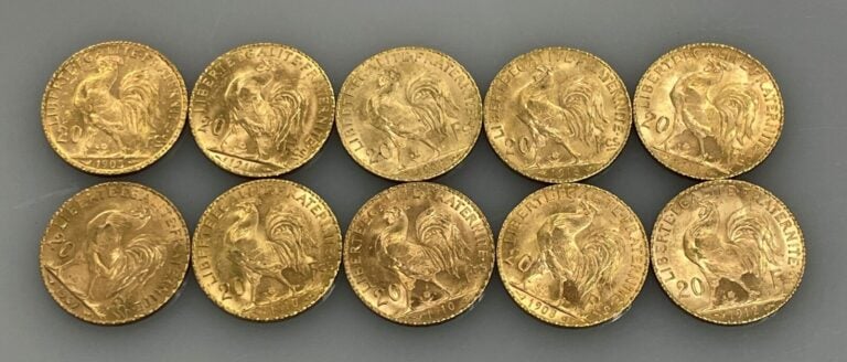 Ensemble comprenant 10 pièces de 20 francs or (900‰) de type "Marianne-Coq" - 1…