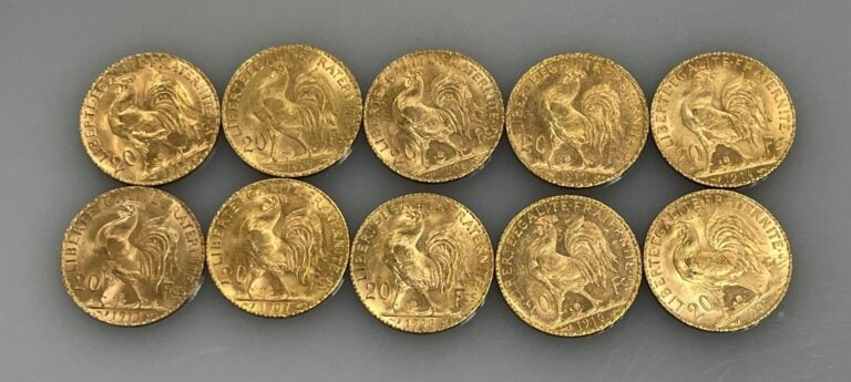 Ensemble comprenant 10 pièces de 20 francs or (900‰) de type "Marianne-Coq" - 1…
