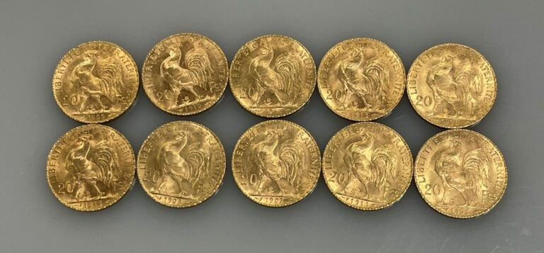 Ensemble comprenant 10 pièces de 20 francs or (900‰) de type "Marianne-Coq" - 1…